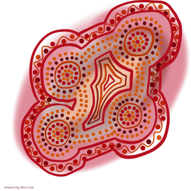 Colourful Indigenous artwork by Gulumoerrgin (Larrakia), Wardaman, and Karajarri visual artist, Mim Cole, from Darwin, Northern Territory, Australia. 