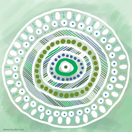 Colourful Indigenous artwork by Gulumoerrgin (Larrakia), Wardaman, and Karajarri visual artist, Mim Cole, from Darwin, Northern Territory, Australia. 
