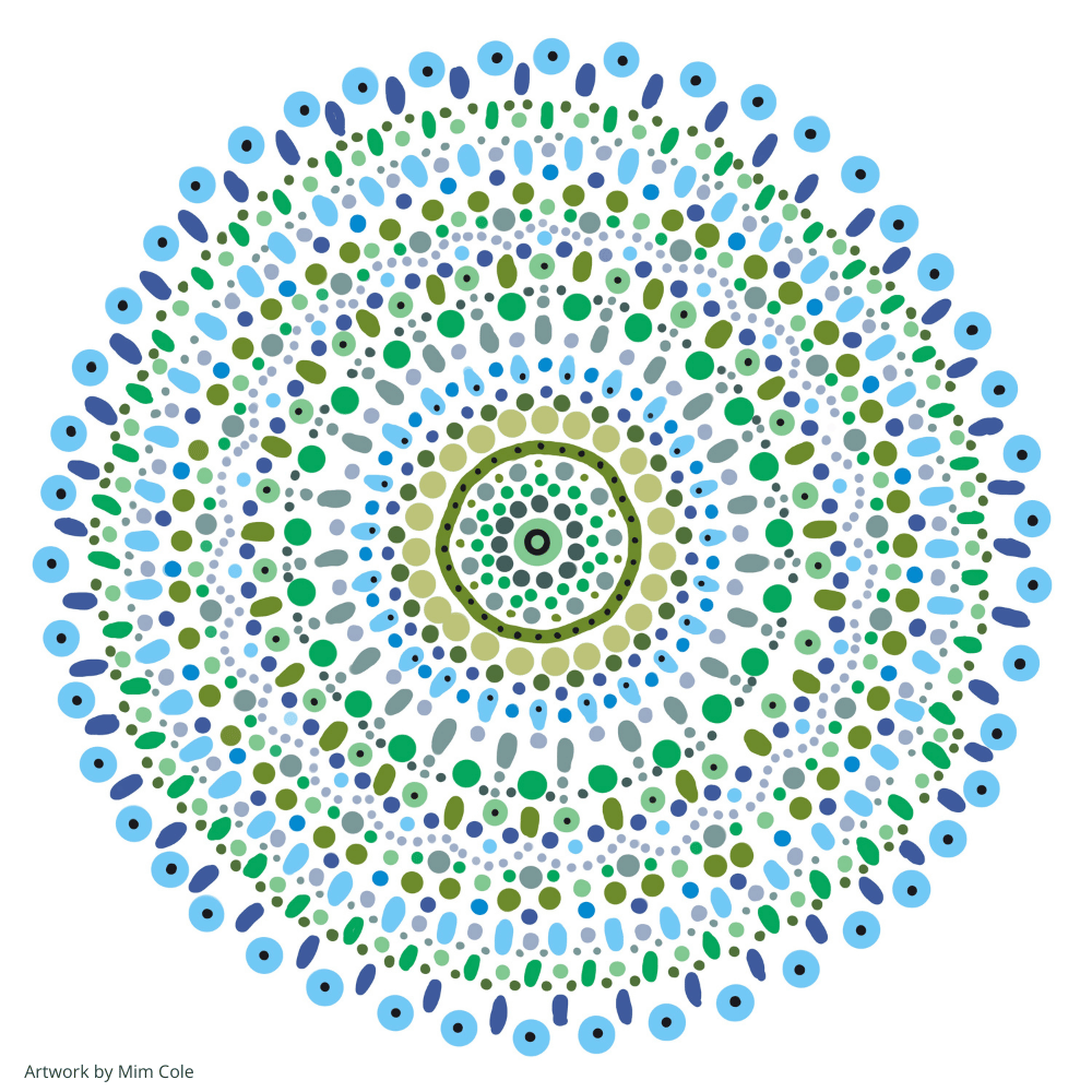 Colourful Indigenous artwork by Gulumoerrgin (Larrakia), Wardaman, and Karajarri visual artist, Mim Cole, from Darwin, Northern Territory, Australia. 