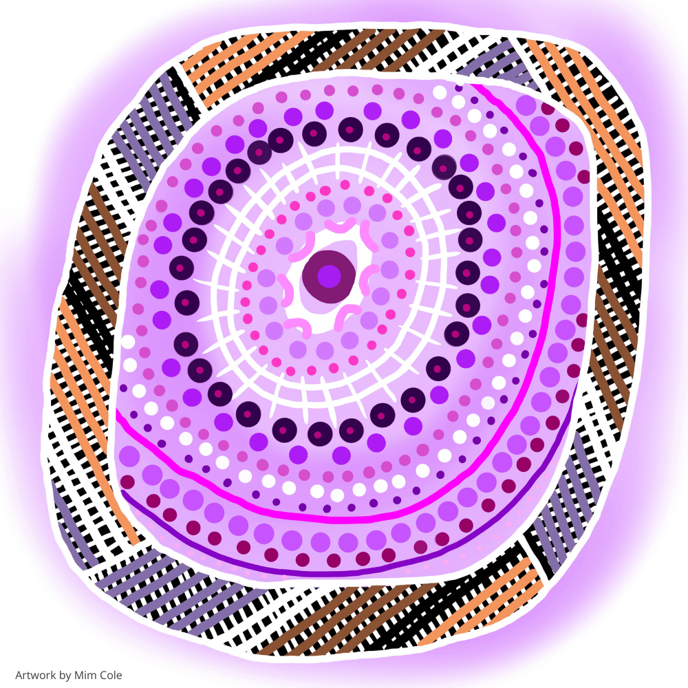 Colourful Indigenous artwork by Gulumoerrgin (Larrakia), Wardaman, and Karajarri visual artist, Mim Cole, from Darwin, Northern Territory, Australia. 