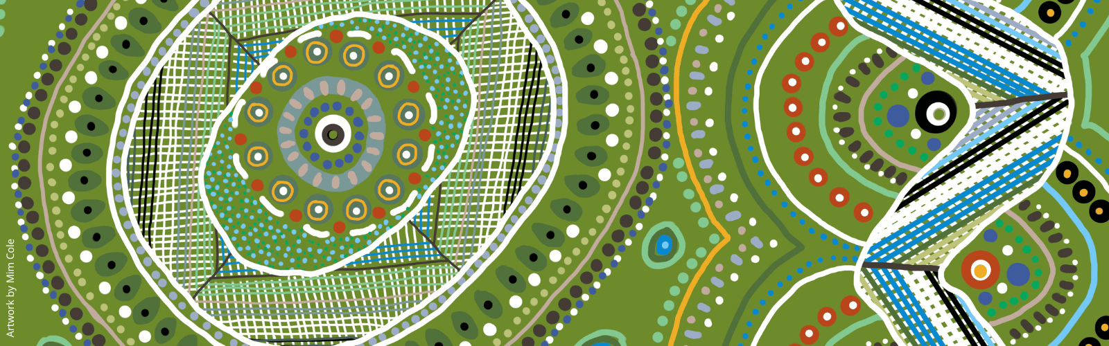 Colourful Indigenous artwork by Gulumoerrgin (Larrakia), Wardaman, and Karajarri visual artist, Mim Cole, from Darwin, Northern Territory, Australia. 
