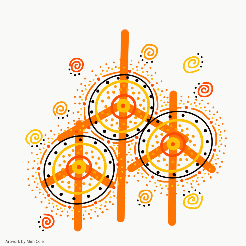 Colourful Indigenous artwork by Gulumoerrgin (Larrakia), Wardaman, and Karajarri visual artist, Mim Cole, from Darwin, Northern Territory, Australia. 