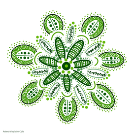 Colourful Indigenous artwork by Gulumoerrgin (Larrakia), Wardaman, and Karajarri visual artist, Mim Cole, from Darwin, Northern Territory, Australia. 