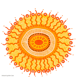 Colourful Indigenous artwork by Gulumoerrgin (Larrakia), Wardaman, and Karajarri visual artist, Mim Cole, from Darwin, Northern Territory, Australia. 