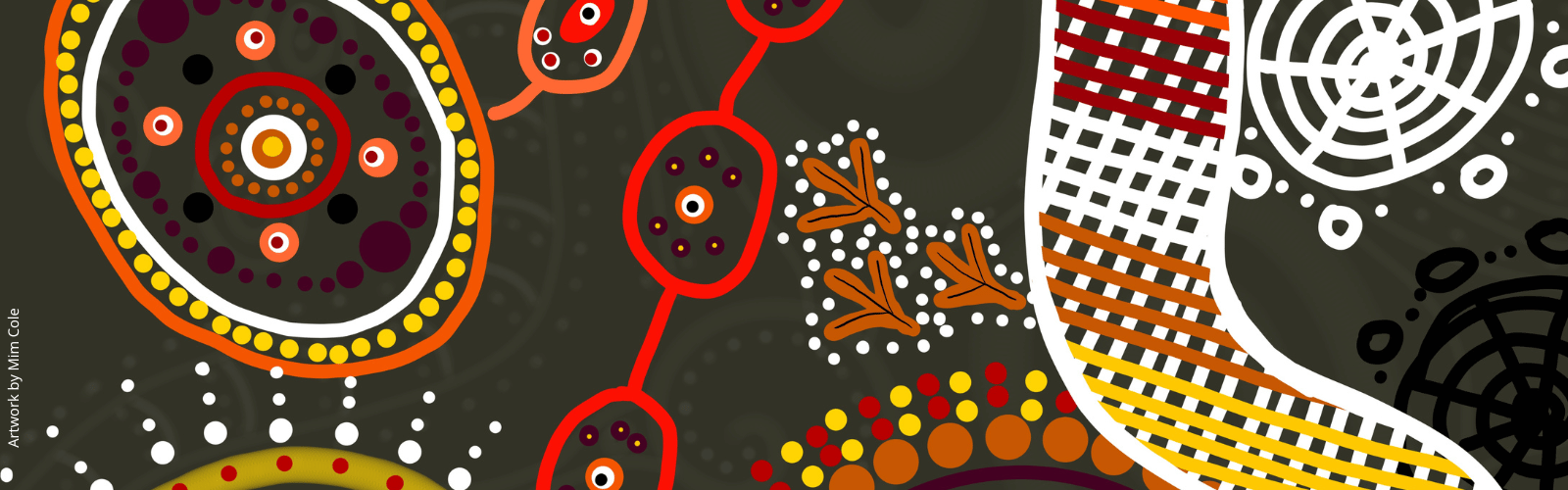 Colourful Indigenous artwork by Gulumoerrgin (Larrakia), Wardaman, and Karajarri visual artist, Mim Cole, from Darwin, Northern Territory, Australia. 