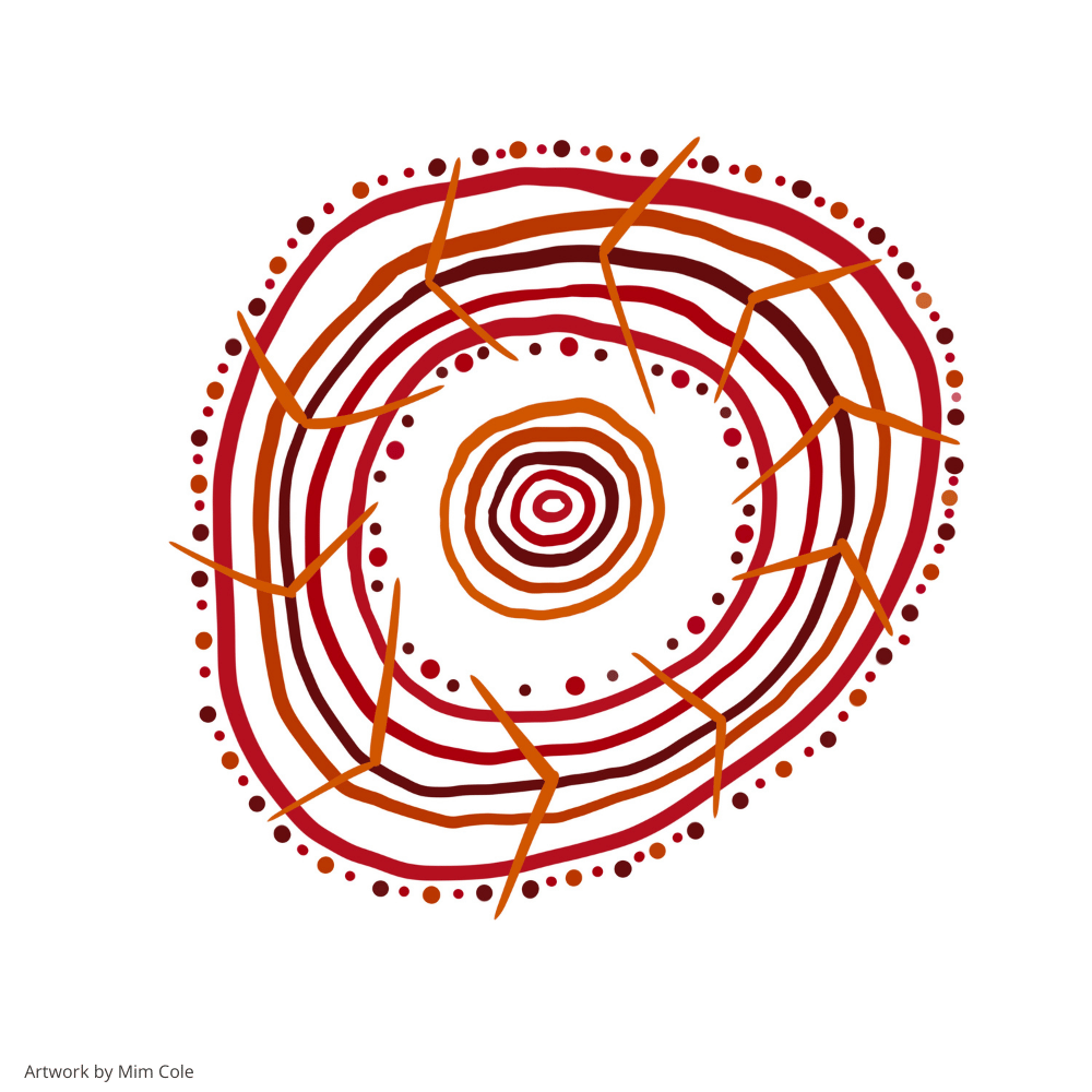 Colourful artwork by Gulumoerrgin (Larrakia), Wardaman, and Karajarri visual artist, Mim Cole, from Darwin, Northern Territory, Australia. 