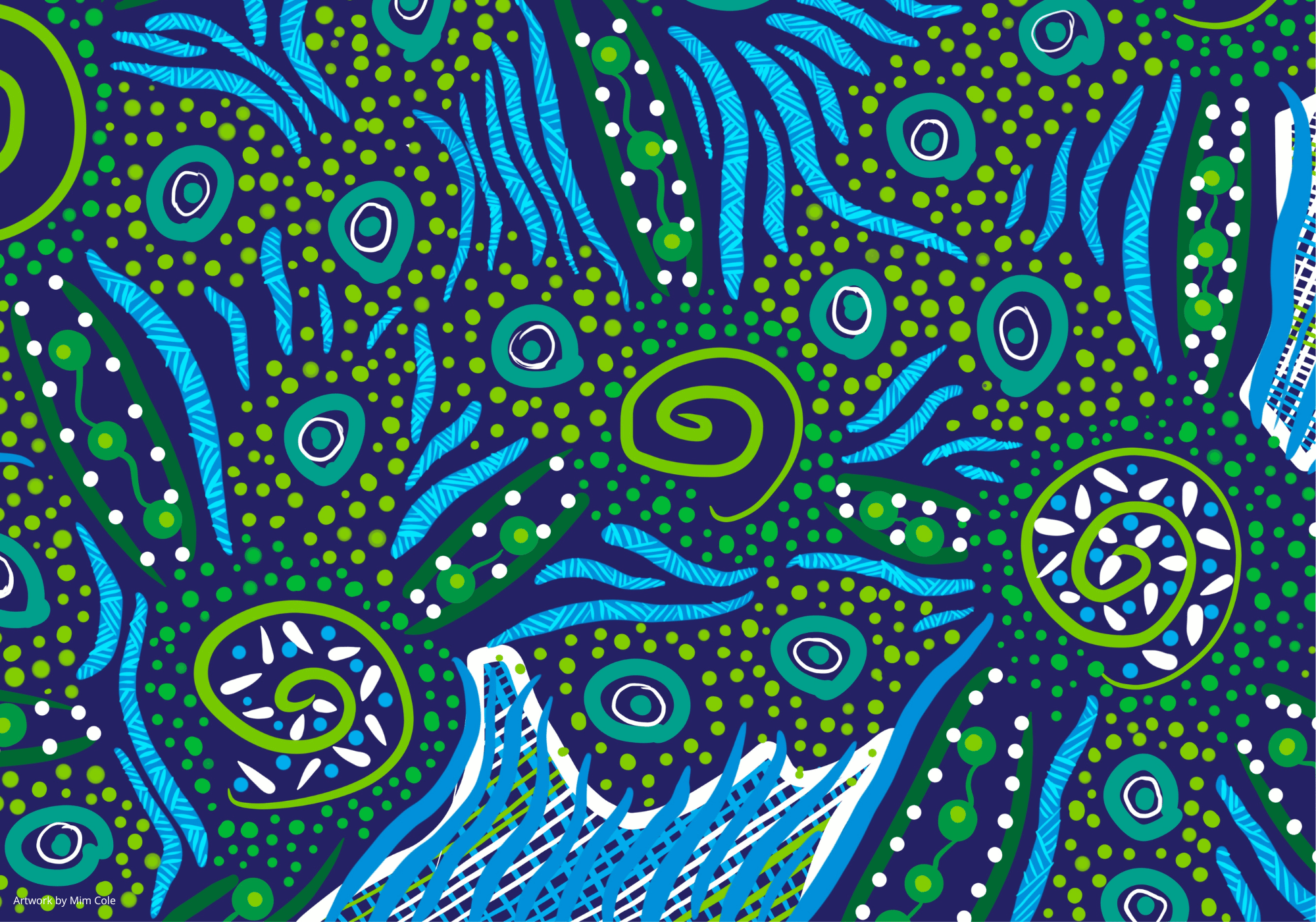 Colourful Indigenous artwork by Gulumoerrgin (Larrakia), Wardaman, and Karajarri visual artist, Mim Cole, from Darwin, Northern Territory, Australia. 