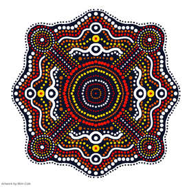 Colourful Indigenous artwork by Gulumoerrgin (Larrakia), Wardaman, and Karajarri visual artist, Mim Cole, from Darwin, Northern Territory, Australia. 