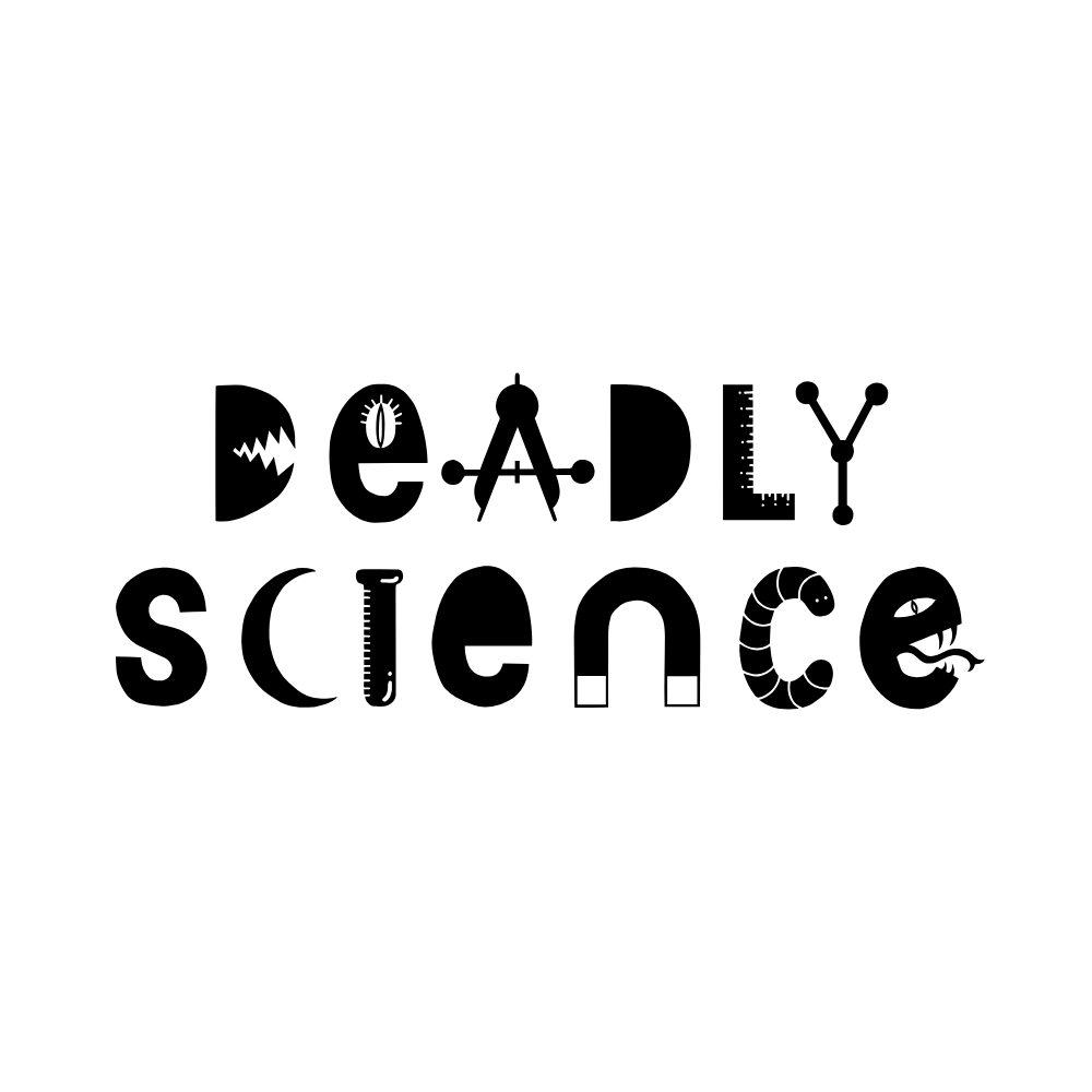 DeadlyScience logo. Black text 'DEADLY SCIENCE' with decorative elements on a white background