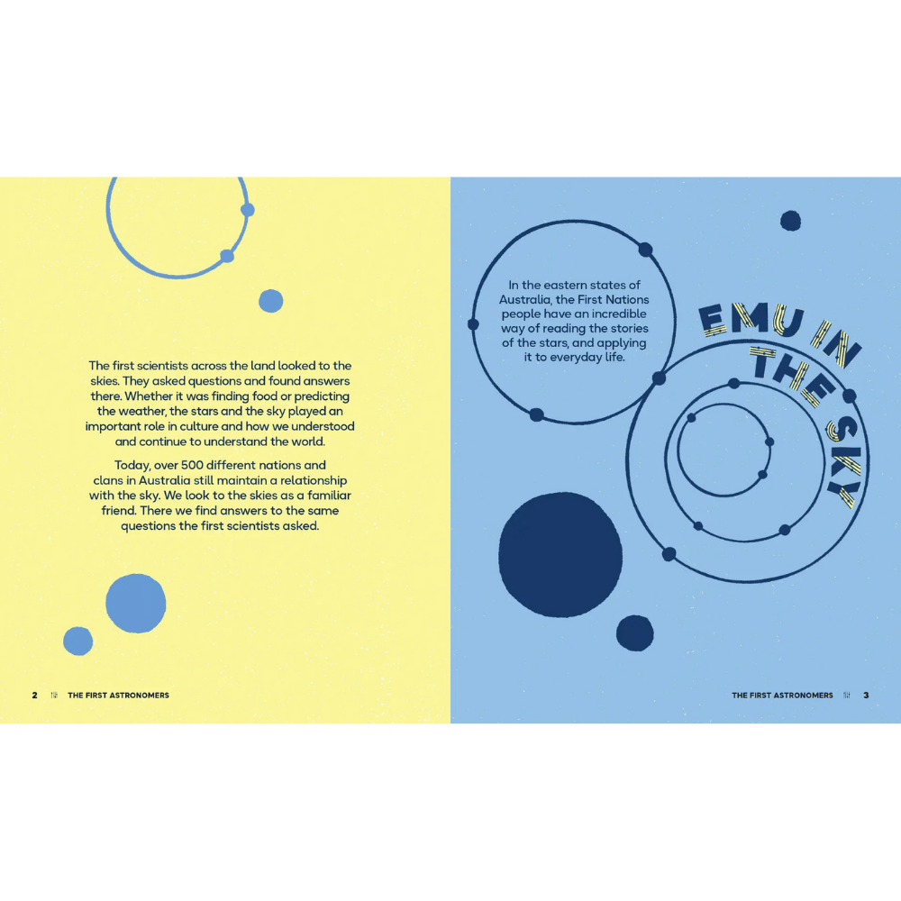Internal page from 'The First Scientists' book featuring text and circular graphics on a yellow and blue background