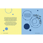Internal page from 'The First Scientists' book featuring text and circular graphics on a yellow and blue background
