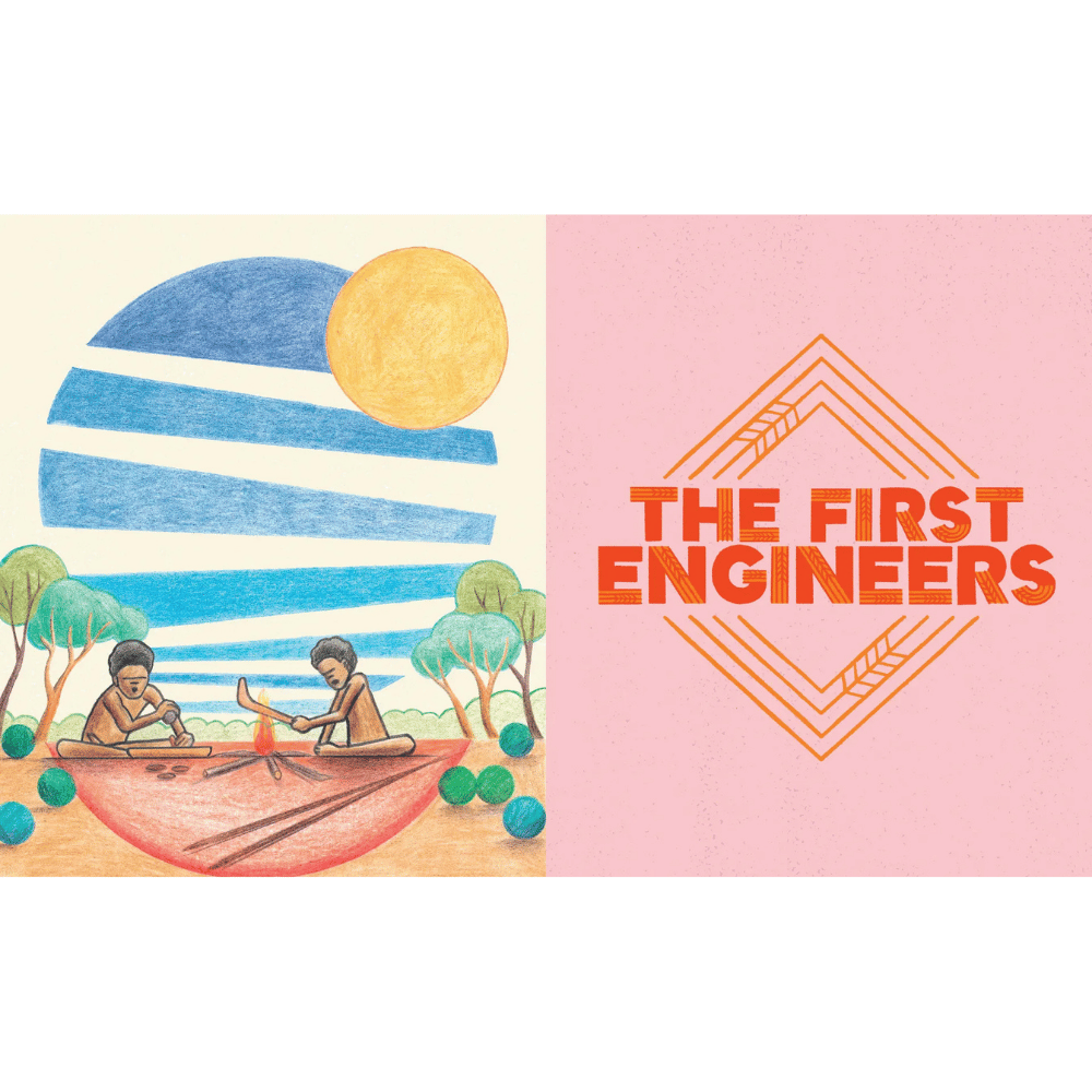 Internal book page for 'The First Engineers' with an illustration of two children by a river and colourful sun.