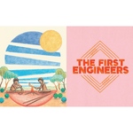 Internal book page for 'The First Engineers' with an illustration of two children by a river and colourful sun.