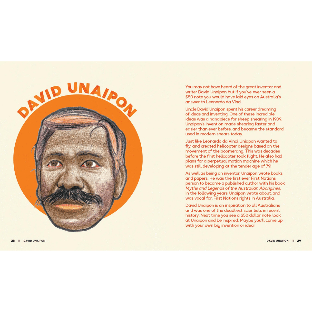 Internal page from 'The First Scientists' book featuring an illustration of inventor David Unaipon with text on a beige background