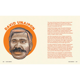 Internal page from 'The First Scientists' book featuring an illustration of inventor David Unaipon with text on a beige background