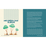 Internal page from 'The First Scientists' book focusing on  'Modern-Day Burns' featuring illustrations of trees on a beige and blue background.