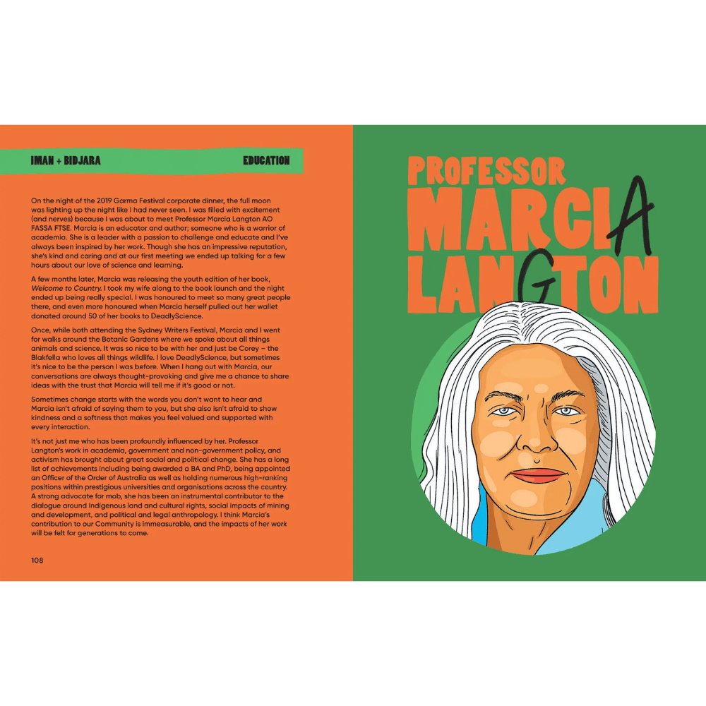 Internal page from 'This Book Thinks Ya Deadly!' with a portrait of Professor Marcia Langton and text on an orange and green background