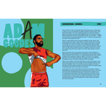 Internal page from 'This Book Thinks Ya Deadly!' featuring an Illustration of Adam Goodes with text on a green and blue background