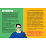 Internal page from 'This Book Thinks Ya Deadly!' with an illustration of Corey Tutt wearing glasses and a blue shirt, surrounded by text on a green and yellow background.