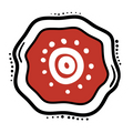 The white star icon is on a red background with a white wavy border. Artwork by In Ya Dot.